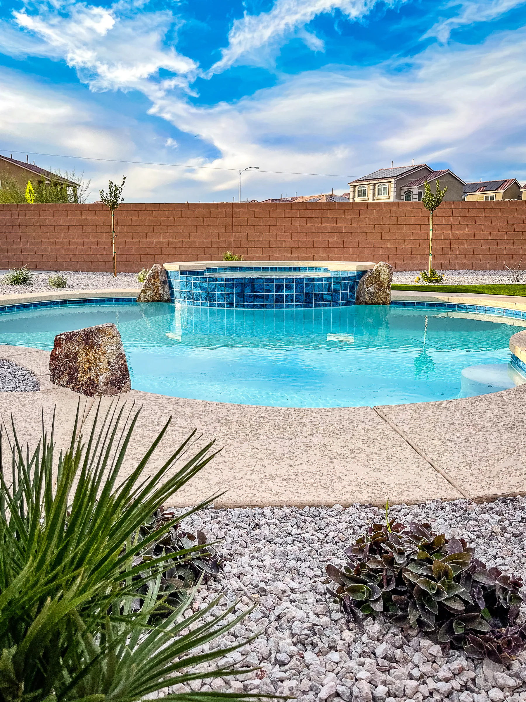 Garde project showing freeform pool spa boulders agave foreground