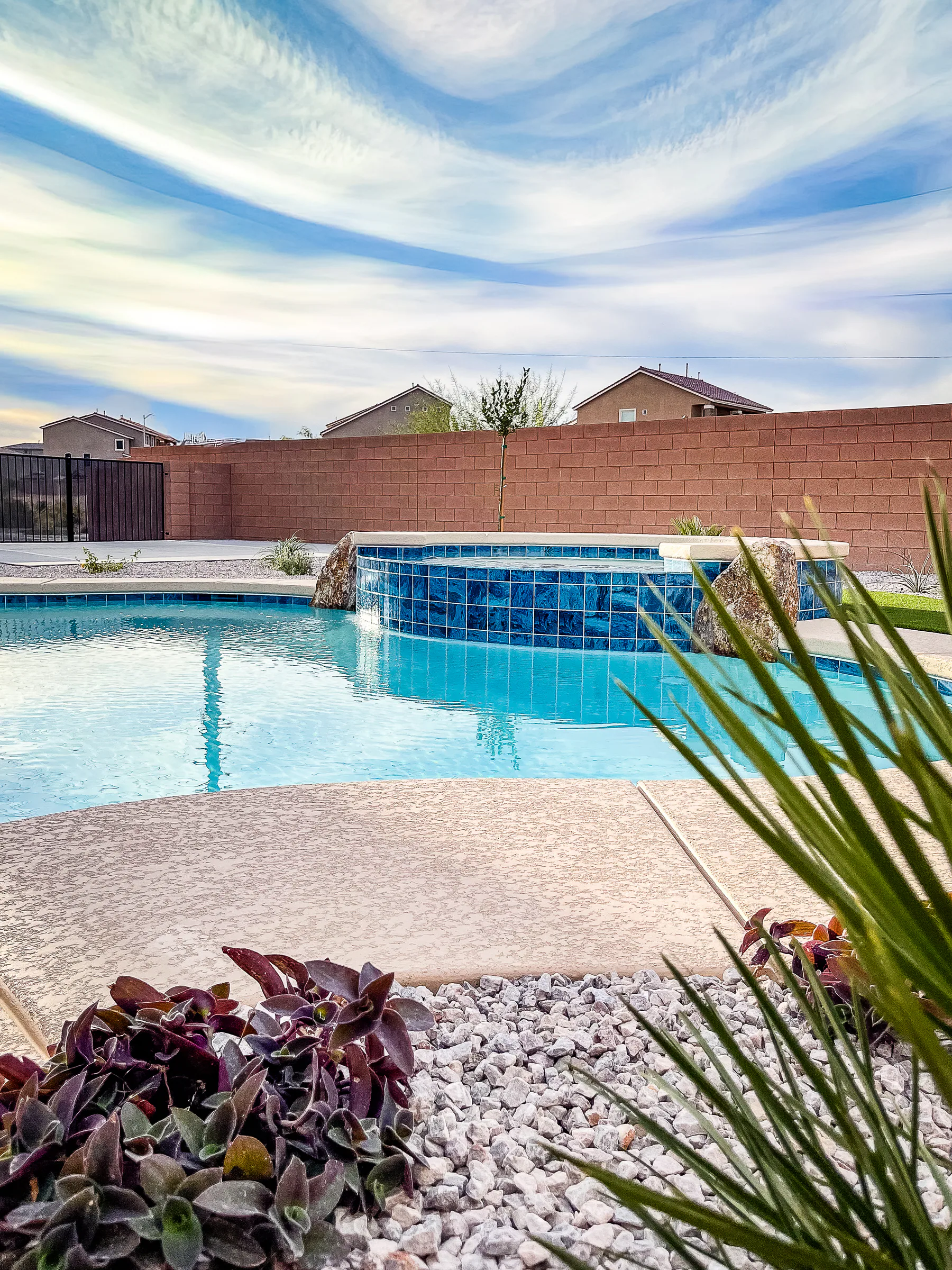 Garde project showing freeform pool spa spillover palm foreground