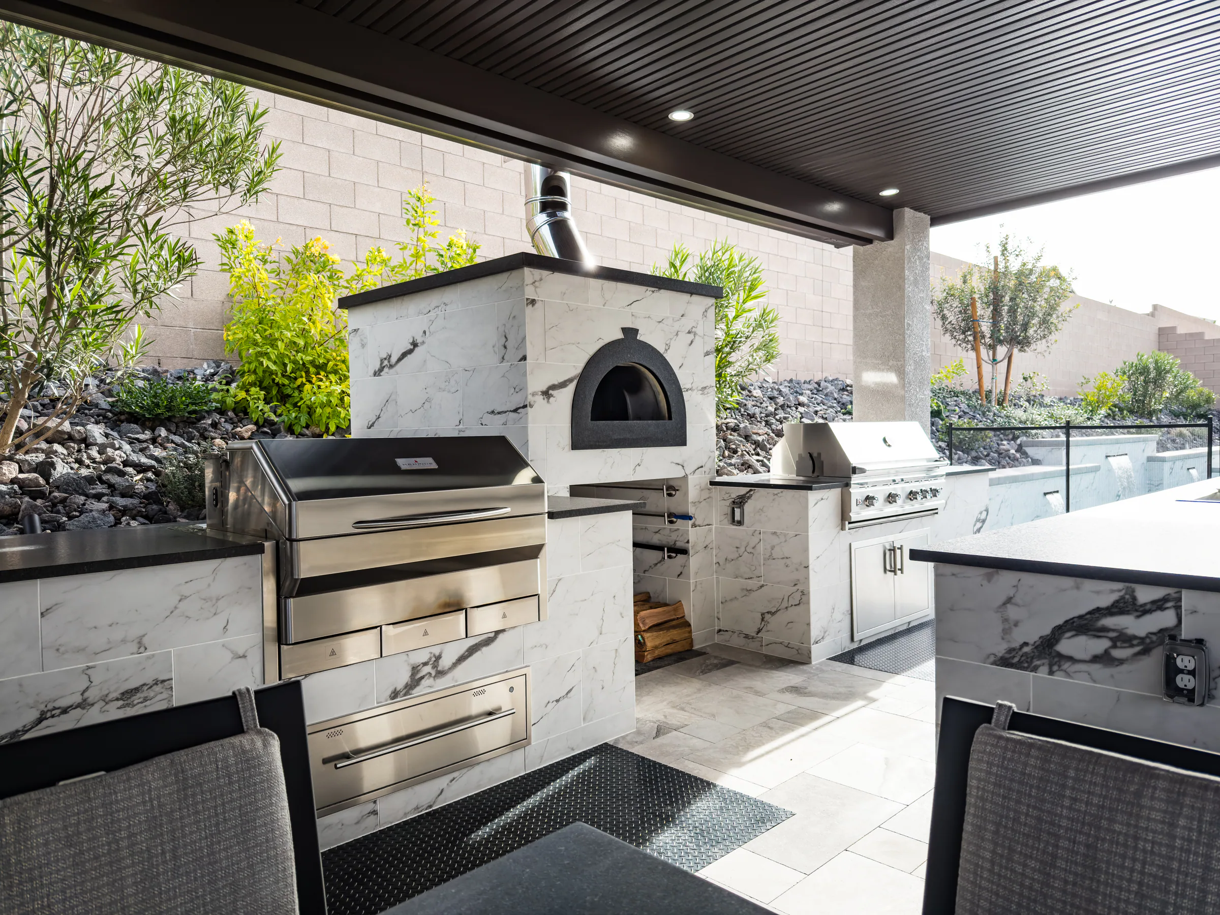 Guined project showing outdoor kitchen pizza oven smoker grill