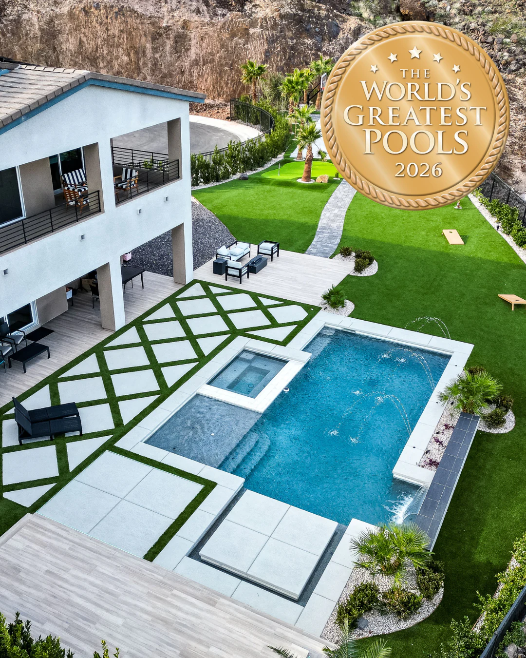 Harris pool project winner artwork with a geometric pool and 2026 World's Greatest Pools medallion