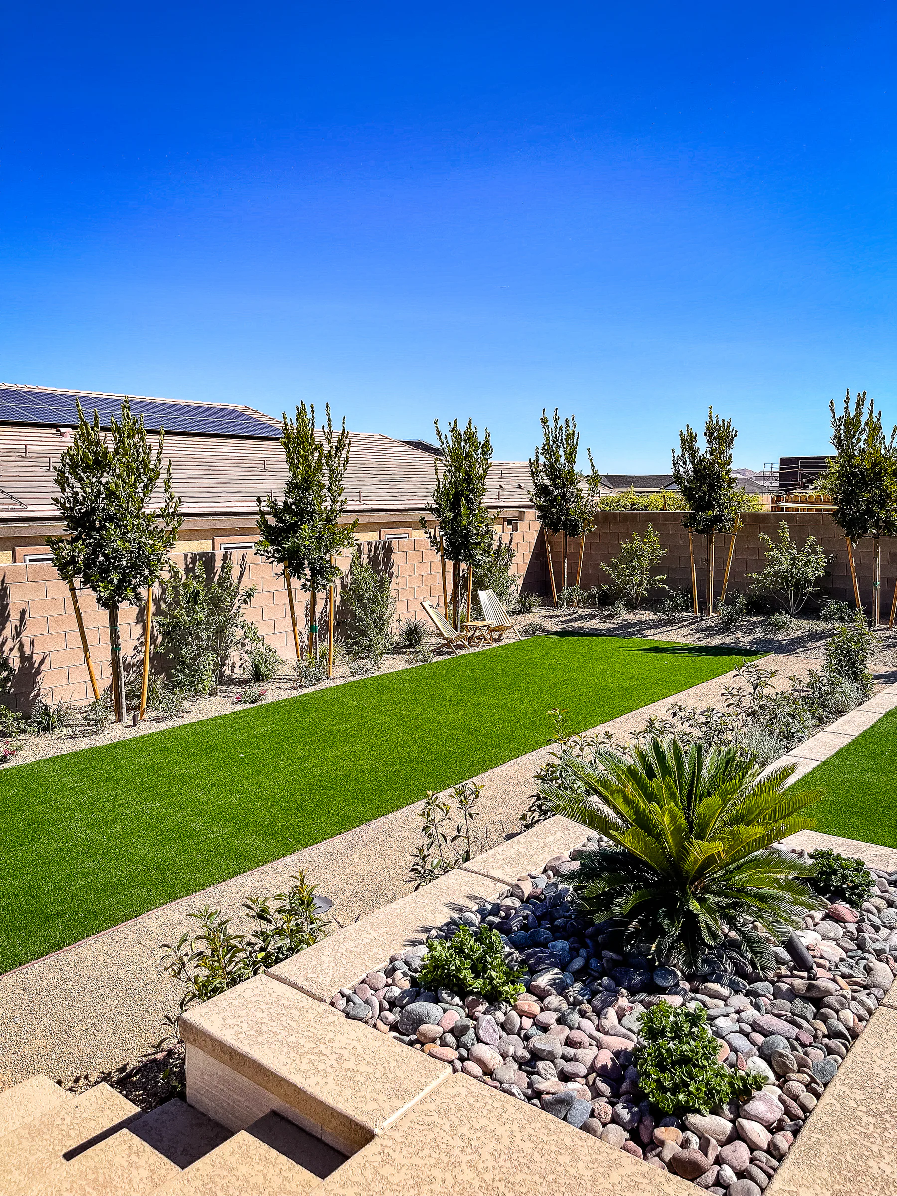 Hayes project showing turf lawn young trees river rock planter