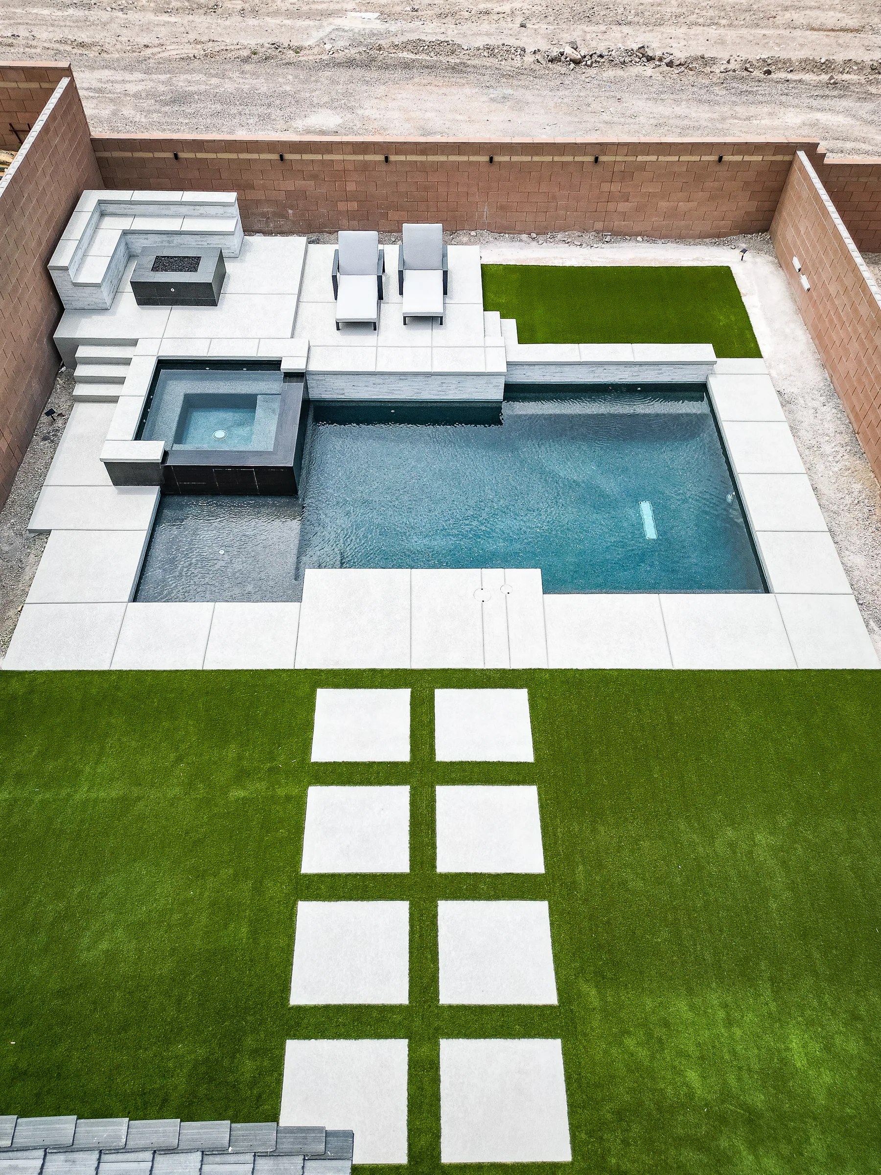 Completed geometric pool and spa viewed from above