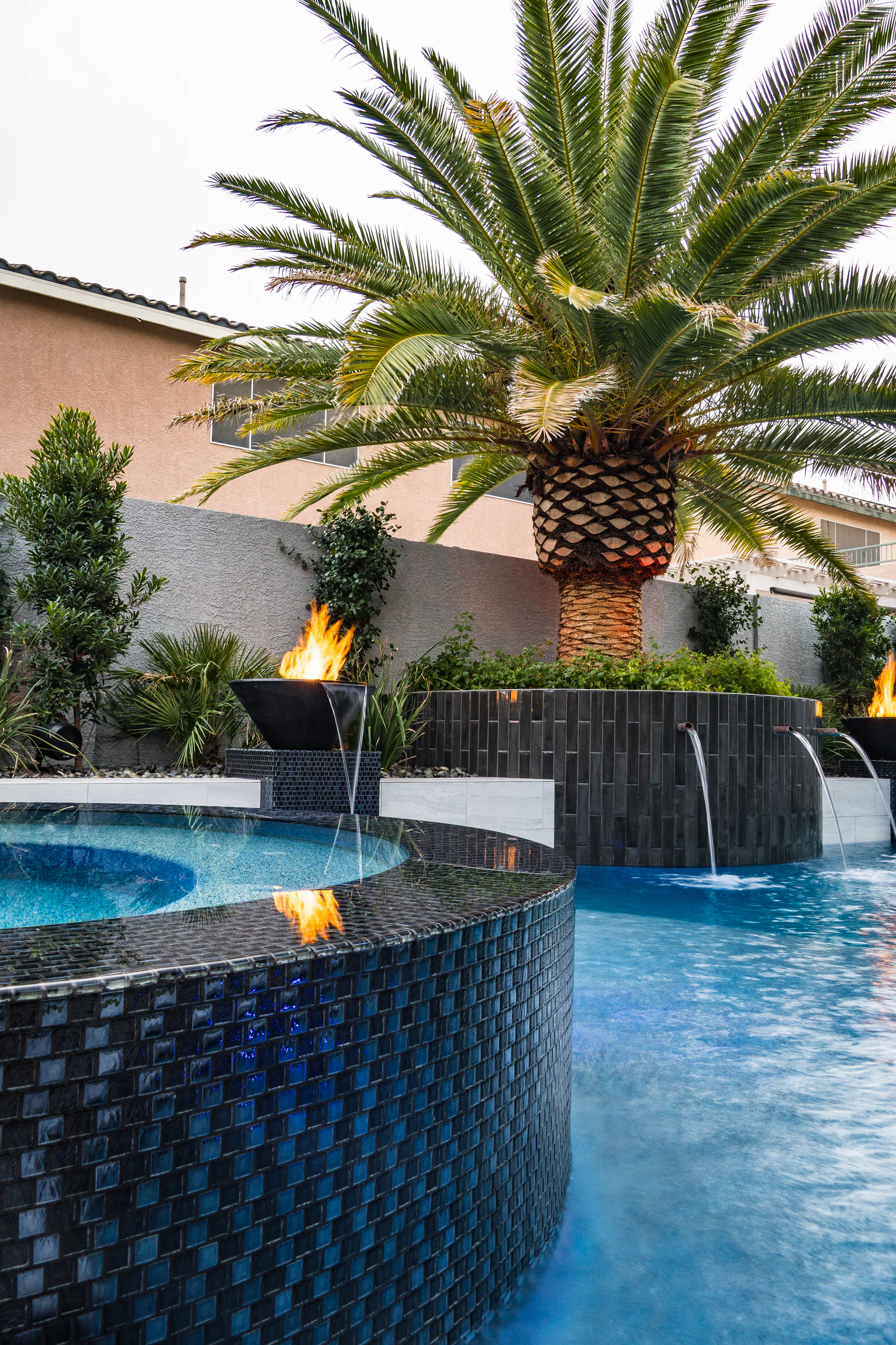 Medallion project showing rob desjardins spa curve planter palm fire bowls