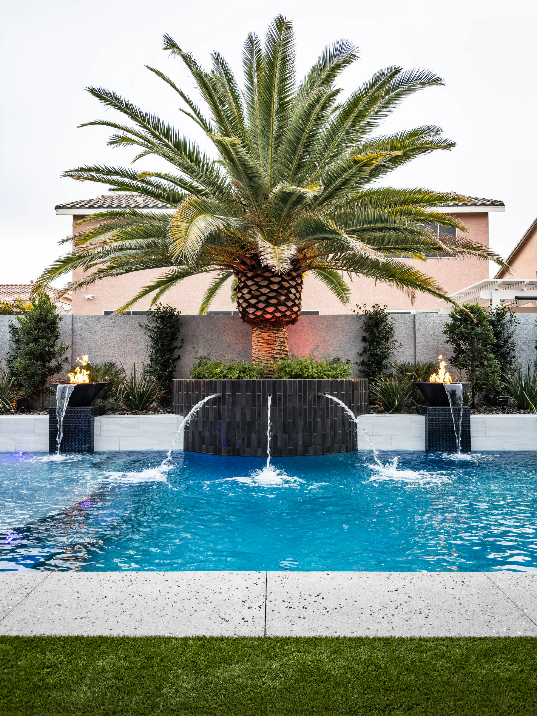 Medallion project showing rob desjardins symmetric waterfalls twin fire bowls palm