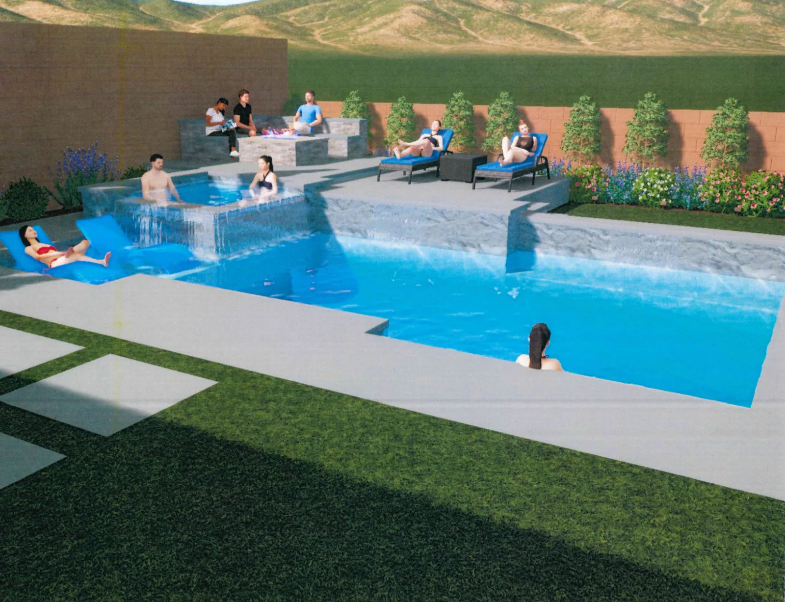 Perspective 3D rendering of a custom pool, spa, and landscape design