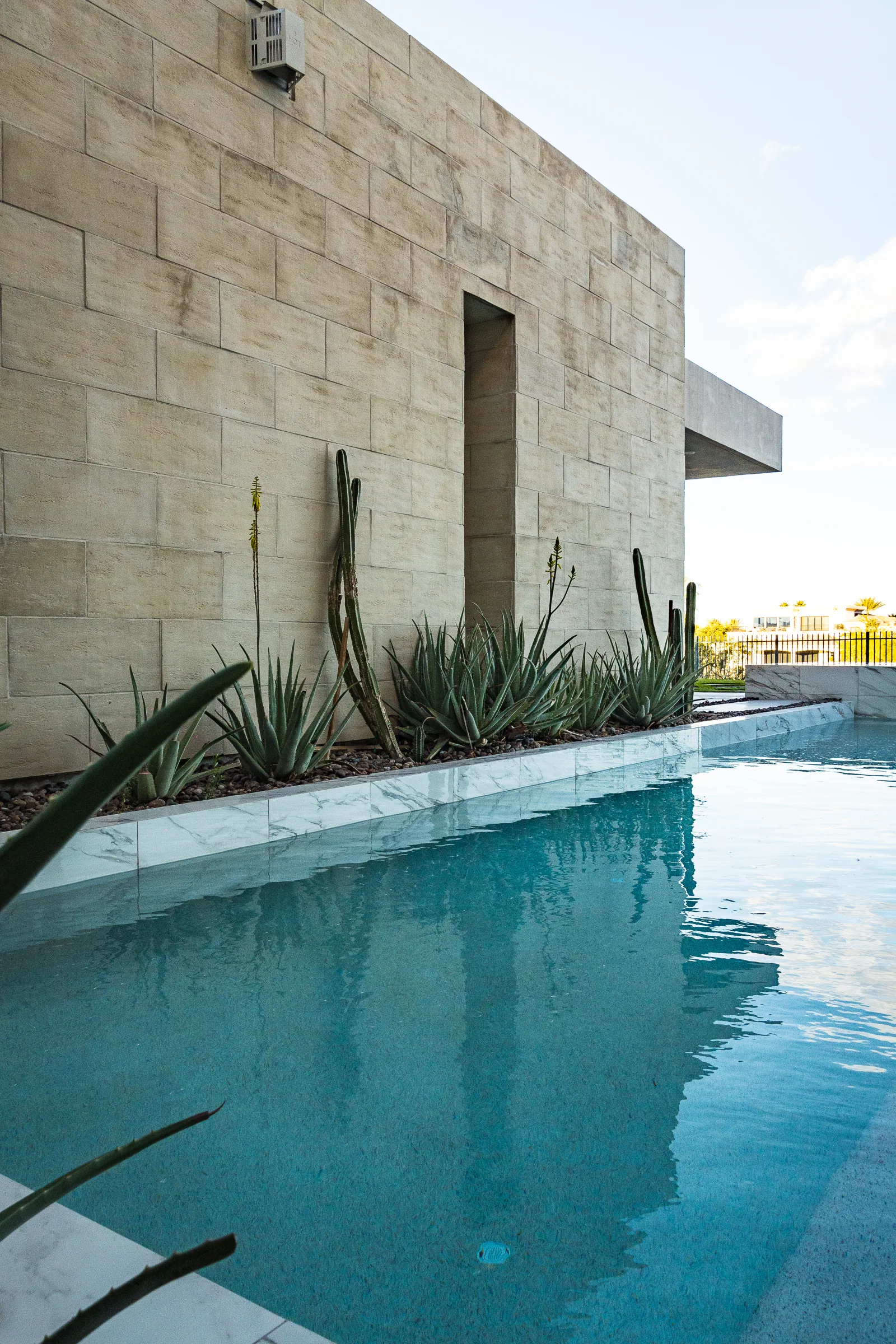 Close view of pool water beside a limestone wall and cacti bed