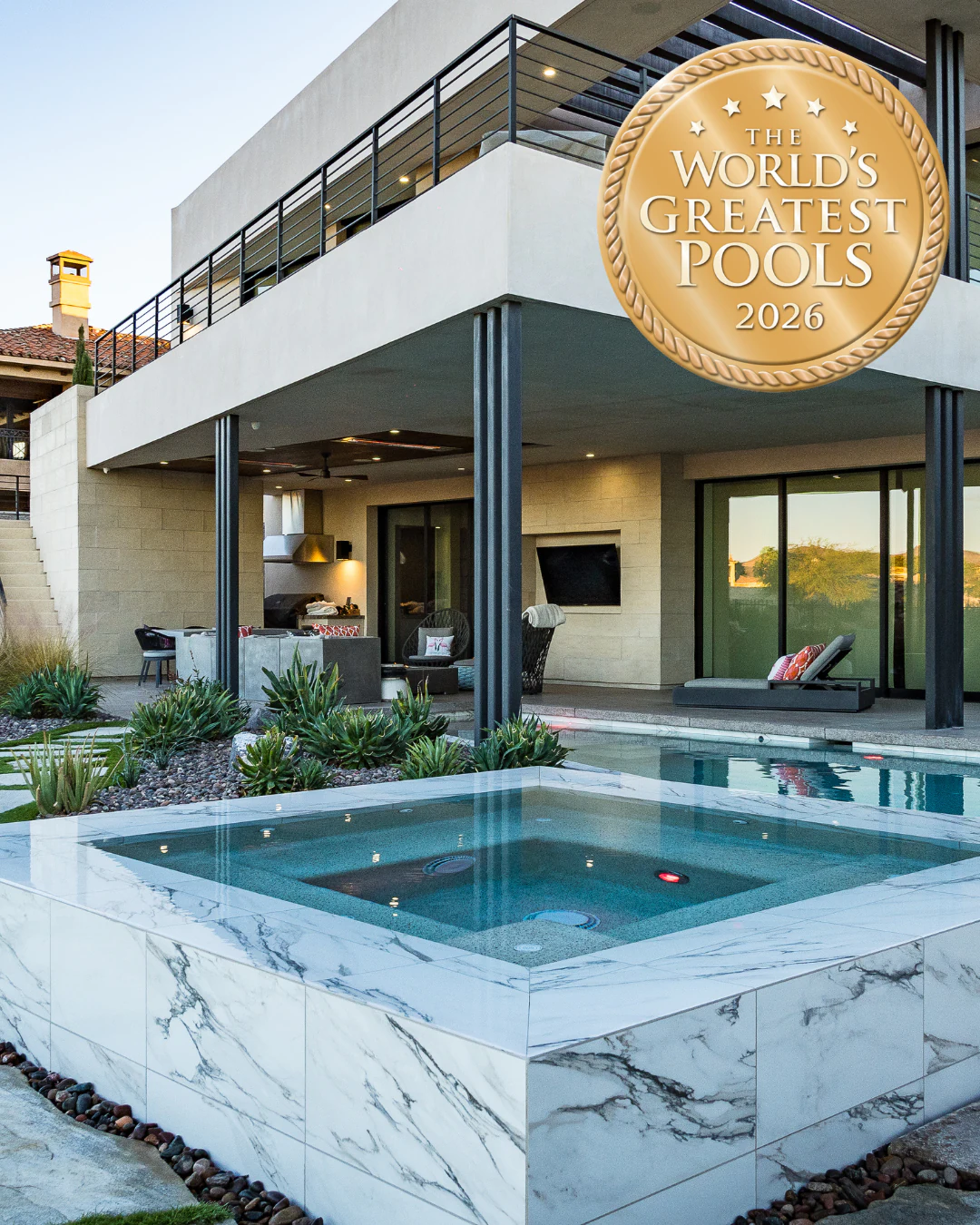 Strangis pool project winner artwork with a courtyard pool and 2026 World's Greatest Pools medallion